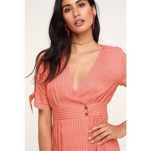 Lulus Sunshine Dreamer Coral Striped Wrap Midi Dress Size M NWT